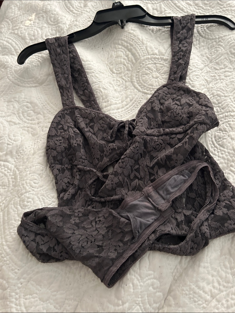 Free People Charcoal Lace Tie-Front Square-Neck Bodysuit Strike A Pose Size M - Picture 11 of 11